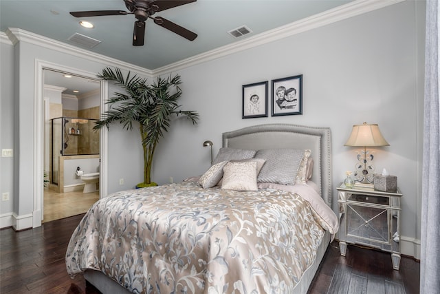 bedroom featuring ceiling fan, dark hardwood / wood-style floors, ensuite bathroom, and crown molding