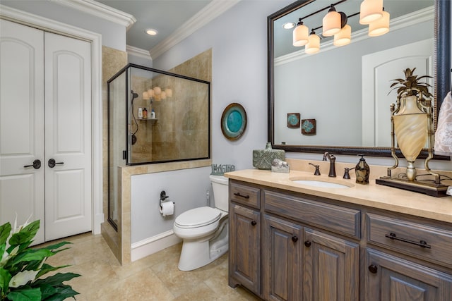 bathroom featuring walk in shower, ornamental molding, vanity, and toilet