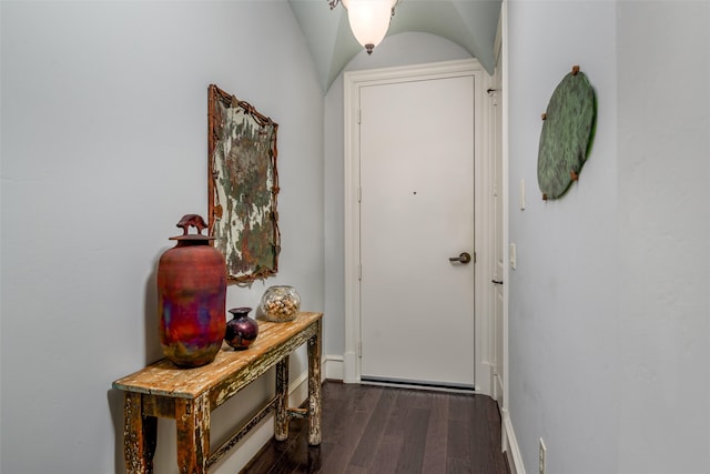 doorway with lofted ceiling and dark hardwood / wood-style floors