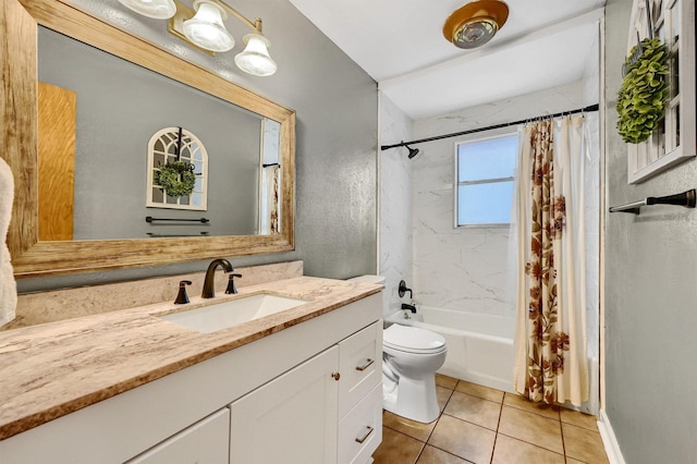 full bathroom featuring tile patterned flooring, vanity, shower / bath combo, and toilet