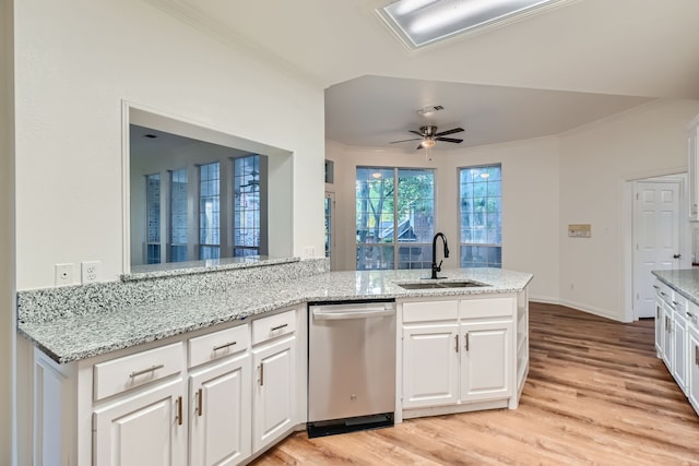 kitchen featuring white cabinets, dishwasher, kitchen peninsula, and sink