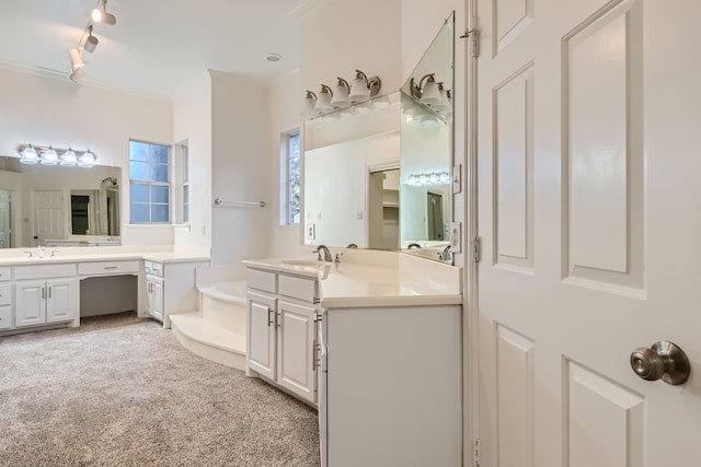 bathroom featuring vanity, a bathtub, and ornamental molding