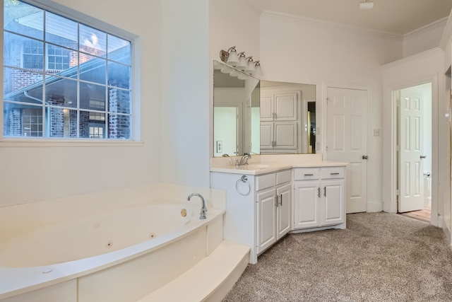 bathroom featuring vanity, ornamental molding, and a bath