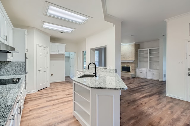 kitchen with light stone countertops, sink, and white cabinetry