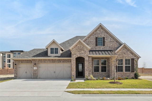 view of front of house featuring a front yard and a garage