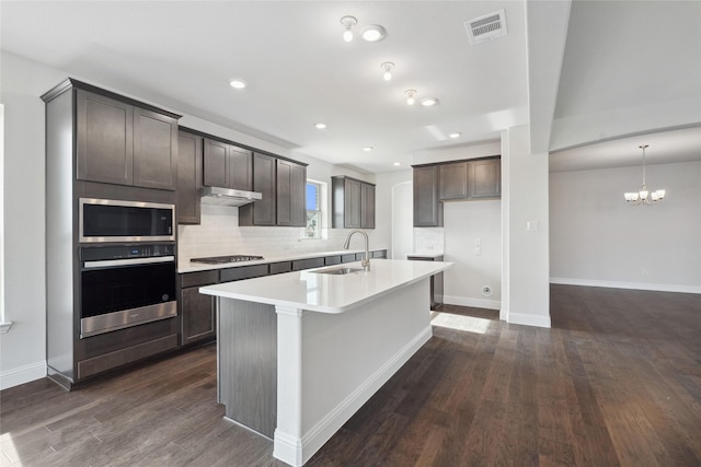 2805 Spring Valley Dr, Anna, TX 75409 - kitchen with appliances with stainless steel finishes, under cabinet range hood, an island with sink, a chandelier, and dark brown cabinetry