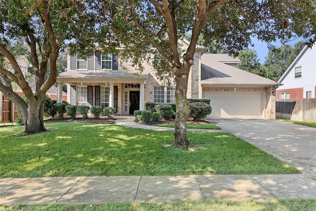 view of front of home with a garage, a porch, and a front lawn