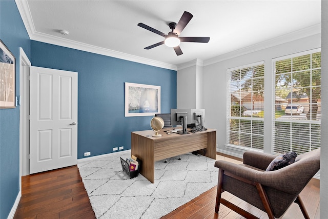 office space featuring ceiling fan, crown molding, and hardwood / wood-style flooring