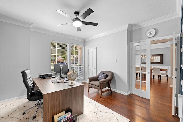 office space featuring ceiling fan, french doors, crown molding, and dark hardwood / wood-style flooring