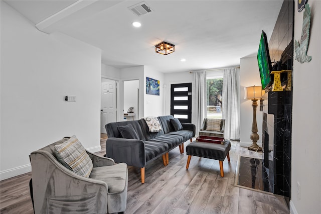 living room featuring light wood-type flooring and a fireplace