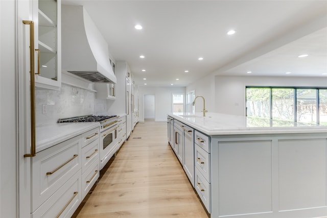 kitchen with an island with sink, decorative backsplash, sink, light hardwood / wood-style floors, and premium appliances