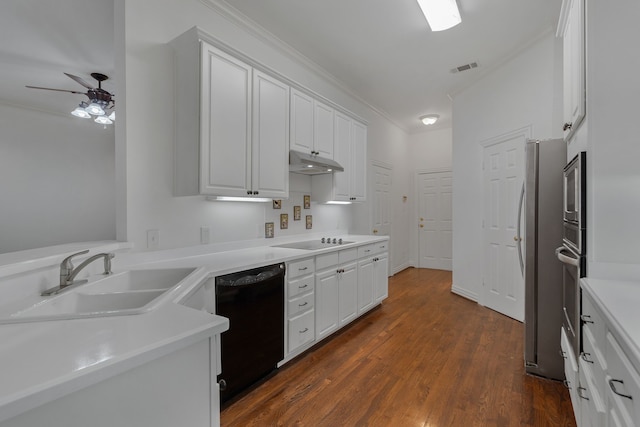 kitchen with white cabinetry, black appliances, ceiling fan, dark hardwood / wood-style floors, and sink