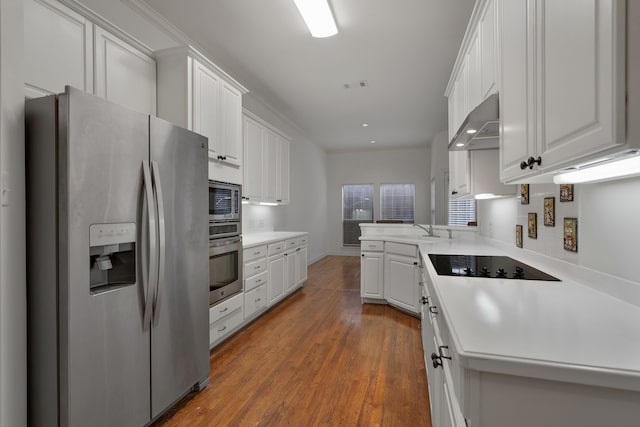 kitchen featuring white cabinets, wood-type flooring, appliances with stainless steel finishes, and kitchen peninsula