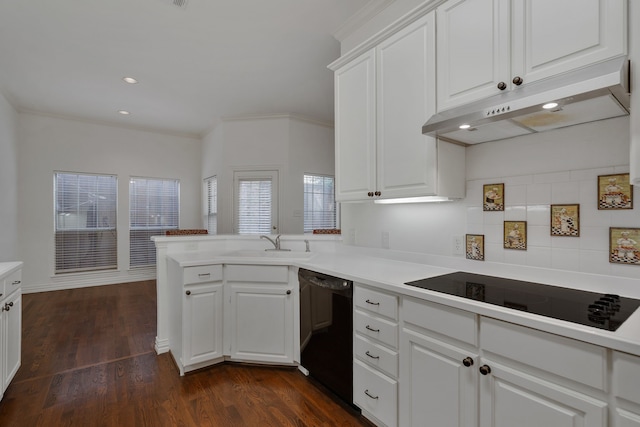 kitchen with black appliances, white cabinetry, and dark hardwood / wood-style floors