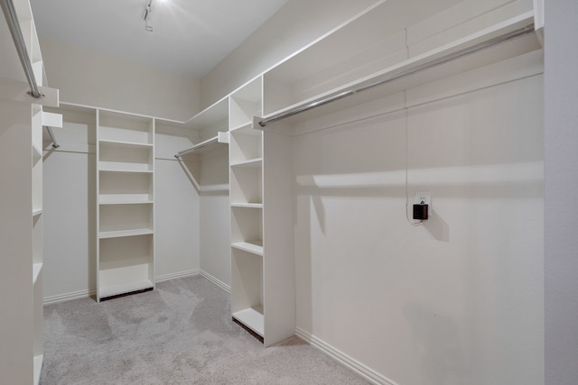 walk in closet with light carpet