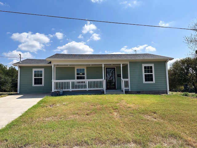 single story home with a front lawn and a porch