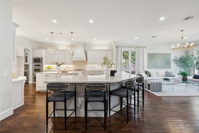 kitchen featuring white cabinetry, stainless steel appliances, premium range hood, dark hardwood / wood-style floors, and a spacious island