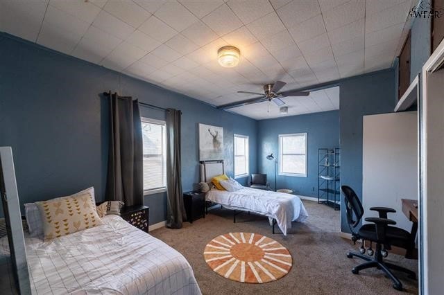 carpeted bedroom with ceiling fan and multiple windows