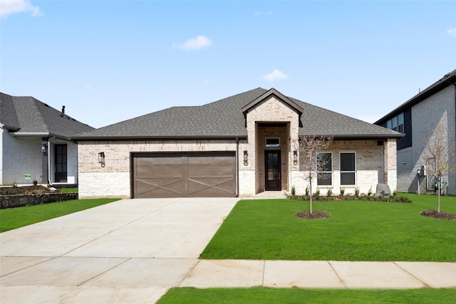 view of front of house featuring a front lawn and a garage