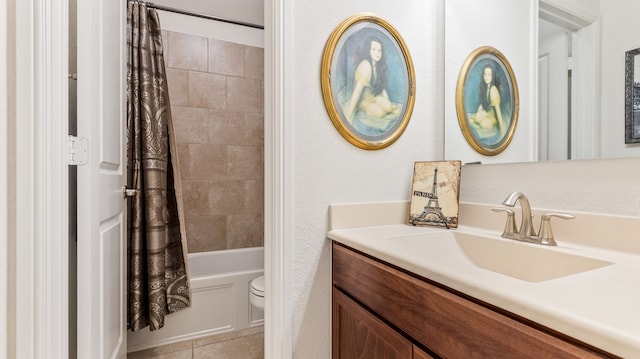 full bathroom with shower / bath combination with curtain, tile patterned flooring, vanity, and toilet