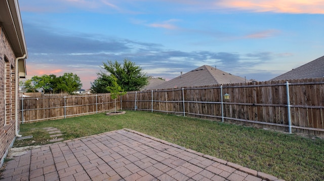 yard at dusk featuring a patio