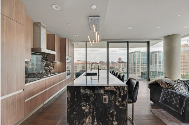 dining space with dark hardwood / wood-style floors, sink, and a wealth of natural light