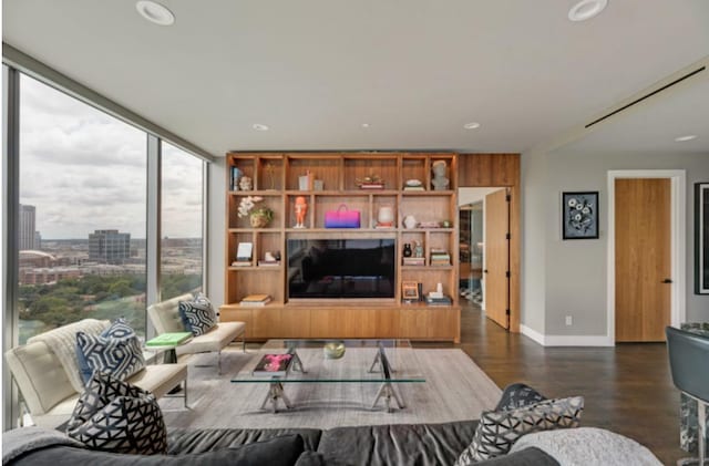 3130 N Harwood St Unit 1506, Dallas, TX 75201 - living room with baseboards, wood finished floors, and recessed lighting