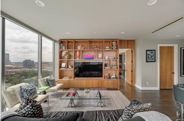 living room featuring dark wood-type flooring