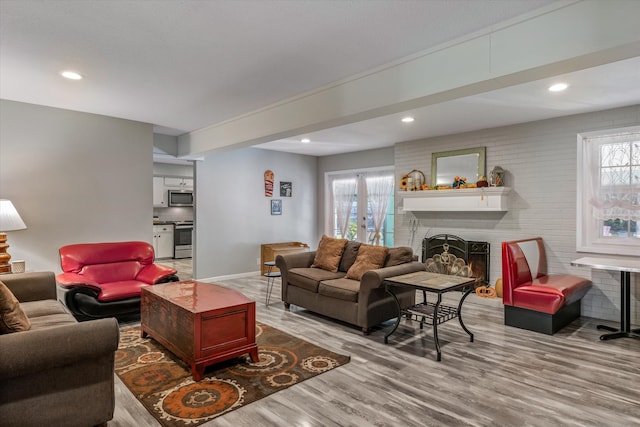 living room with french doors, light wood-type flooring, plenty of natural light, and a fireplace