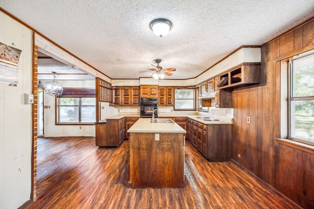 kitchen featuring wood walls, a healthy amount of sunlight, a kitchen island with sink, and dark wood-type flooring