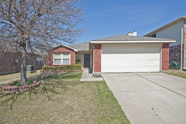 single story home with central AC unit, a garage, and a front lawn