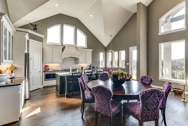 dining room featuring high vaulted ceiling, dark hardwood / wood-style floors, and plenty of natural light