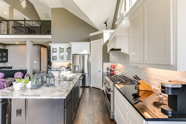 kitchen with appliances with stainless steel finishes, an island with sink, white cabinets, dark hardwood / wood-style floors, and sink