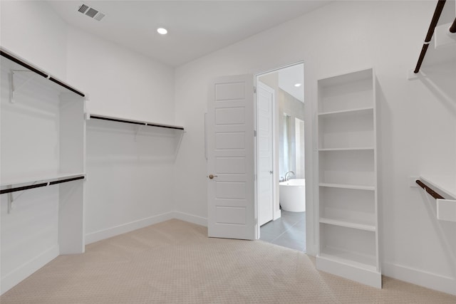 walk in closet with light carpet