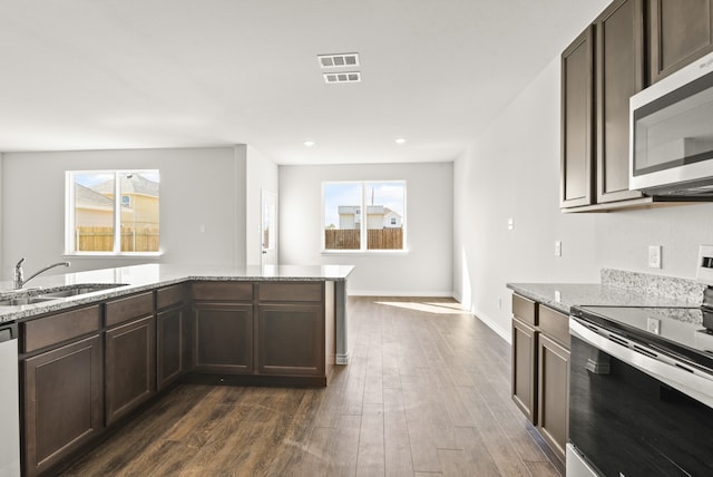 kitchen with stainless steel appliances, sink, plenty of natural light, and dark hardwood / wood-style floors