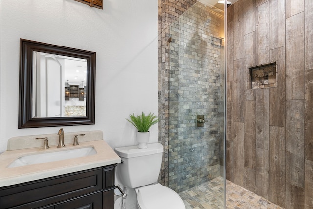 bathroom with vanity, toilet, and walk in shower