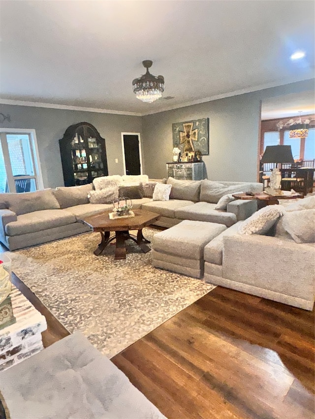 living room with a wealth of natural light, hardwood / wood-style floors, and crown molding