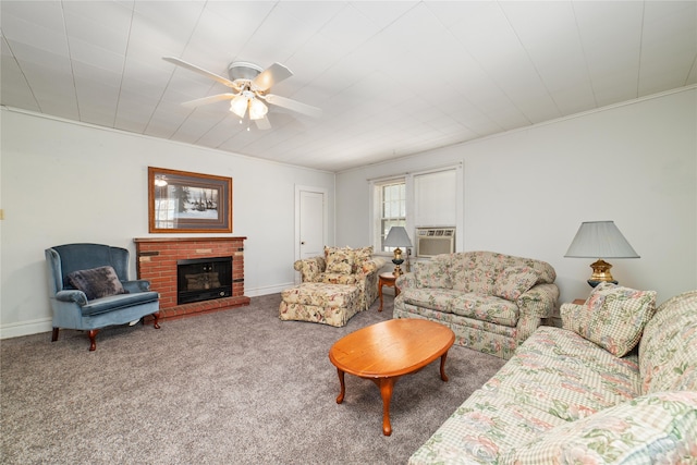 living room with ceiling fan, cooling unit, a fireplace, and carpet