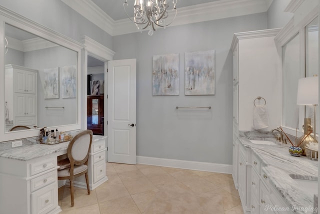 bathroom with ornamental molding, tile patterned flooring, a notable chandelier, and vanity