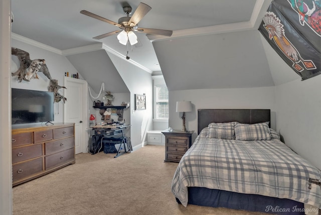 bedroom with crown molding, vaulted ceiling, ceiling fan, and light colored carpet