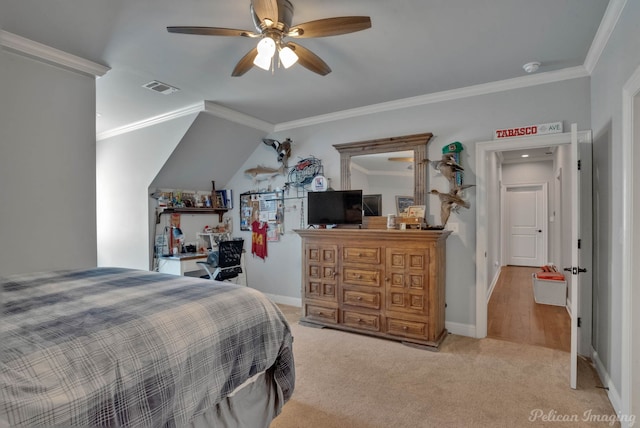 bedroom with ornamental molding, light carpet, ceiling fan, and vaulted ceiling