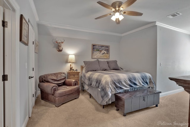 bedroom featuring ceiling fan, light colored carpet, and crown molding