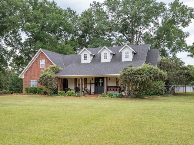 new england style home featuring a front lawn and covered porch