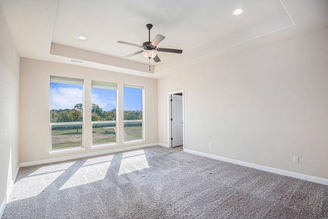 spare room featuring light colored carpet, ceiling fan, and a raised ceiling