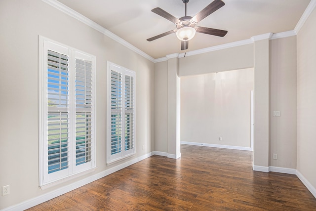 spare room with ceiling fan, crown molding, and dark wood-type flooring