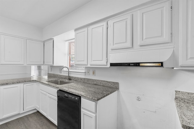 kitchen featuring white cabinetry, light stone counters, dishwasher, dark hardwood / wood-style floors, and sink