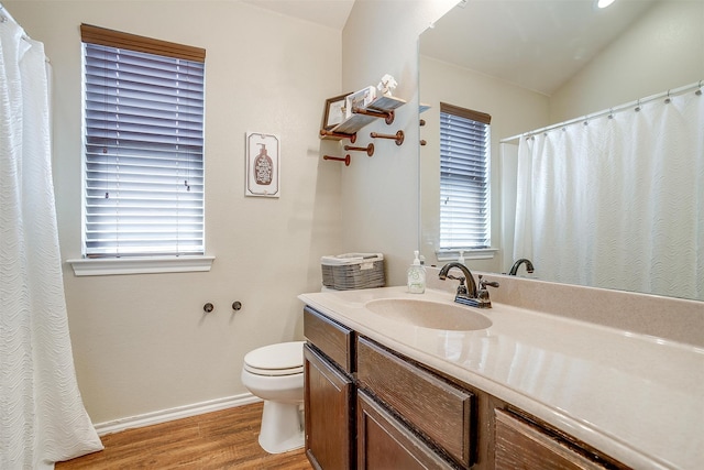 bathroom featuring vanity, plenty of natural light, toilet, and hardwood / wood-style flooring