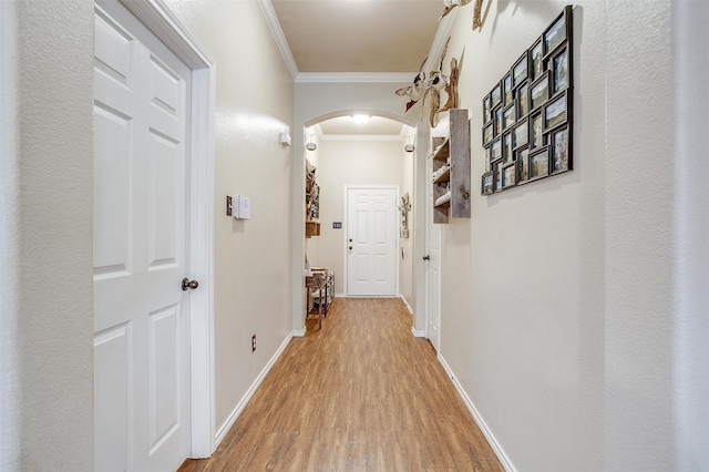 hallway featuring light wood-type flooring and ornamental molding