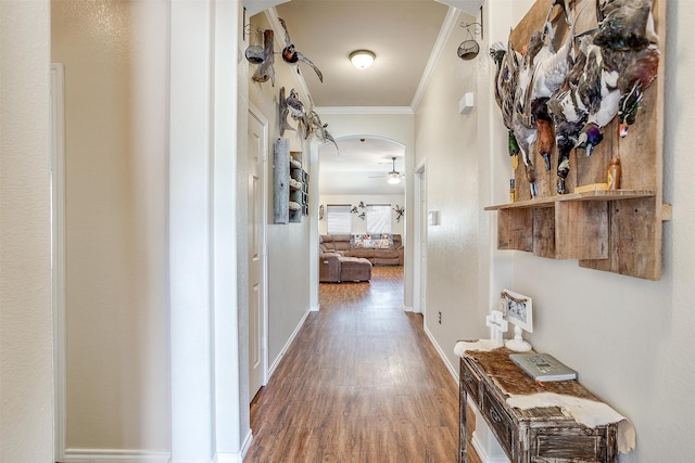 hallway with ornamental molding and hardwood / wood-style flooring