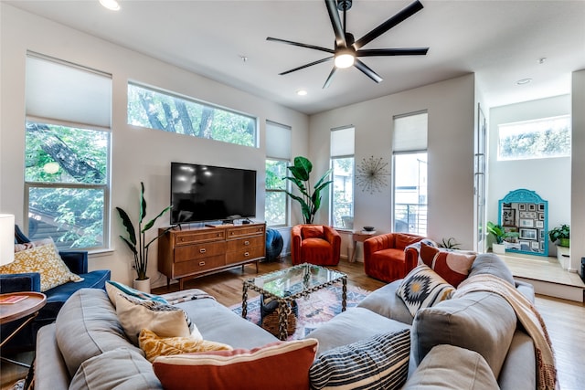 living room featuring hardwood / wood-style floors, ceiling fan, and plenty of natural light